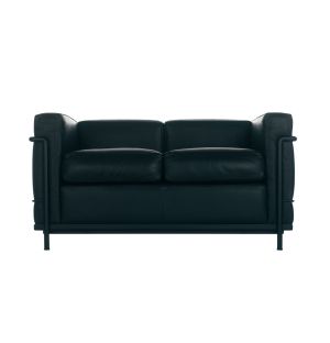 LC2 2-Seater Sofa in Graphite Leather & Black Steel