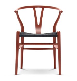 Chaise Wishbone CH24 en hêtre rouge brun et assise en corde noire