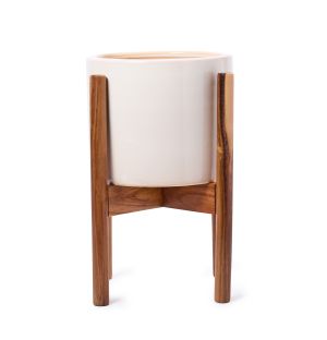 Planter With Wooden Stand in Matt Ivory 24cm