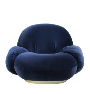 Pacha Swivel Lounge Chair With Arms in Sapphire Blue Velvet & Pearl