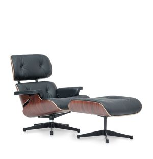 Tall Eames Lounge Chair & Ottoman With Black Sides in Nero Leather, Black Walnut & Polished Aluminium